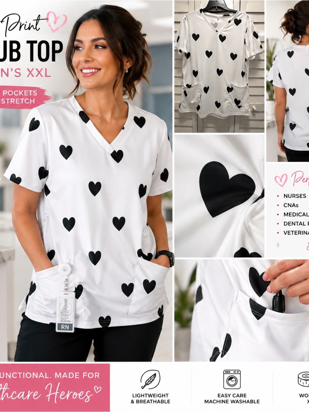 Heart Print Scrub Top XXL White Black Nurse CNA Healthcare Cute Uniform Pockets